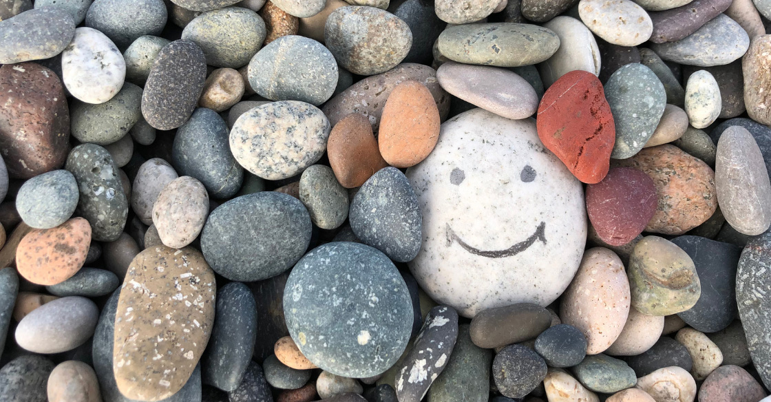 rocky shore with one stone having a happy face